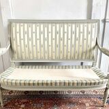 Directoire French silk sofa bench with blue, grey and white 18th century patterns
