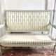 Directoire French silk sofa bench with blue, grey and white 18th century patterns