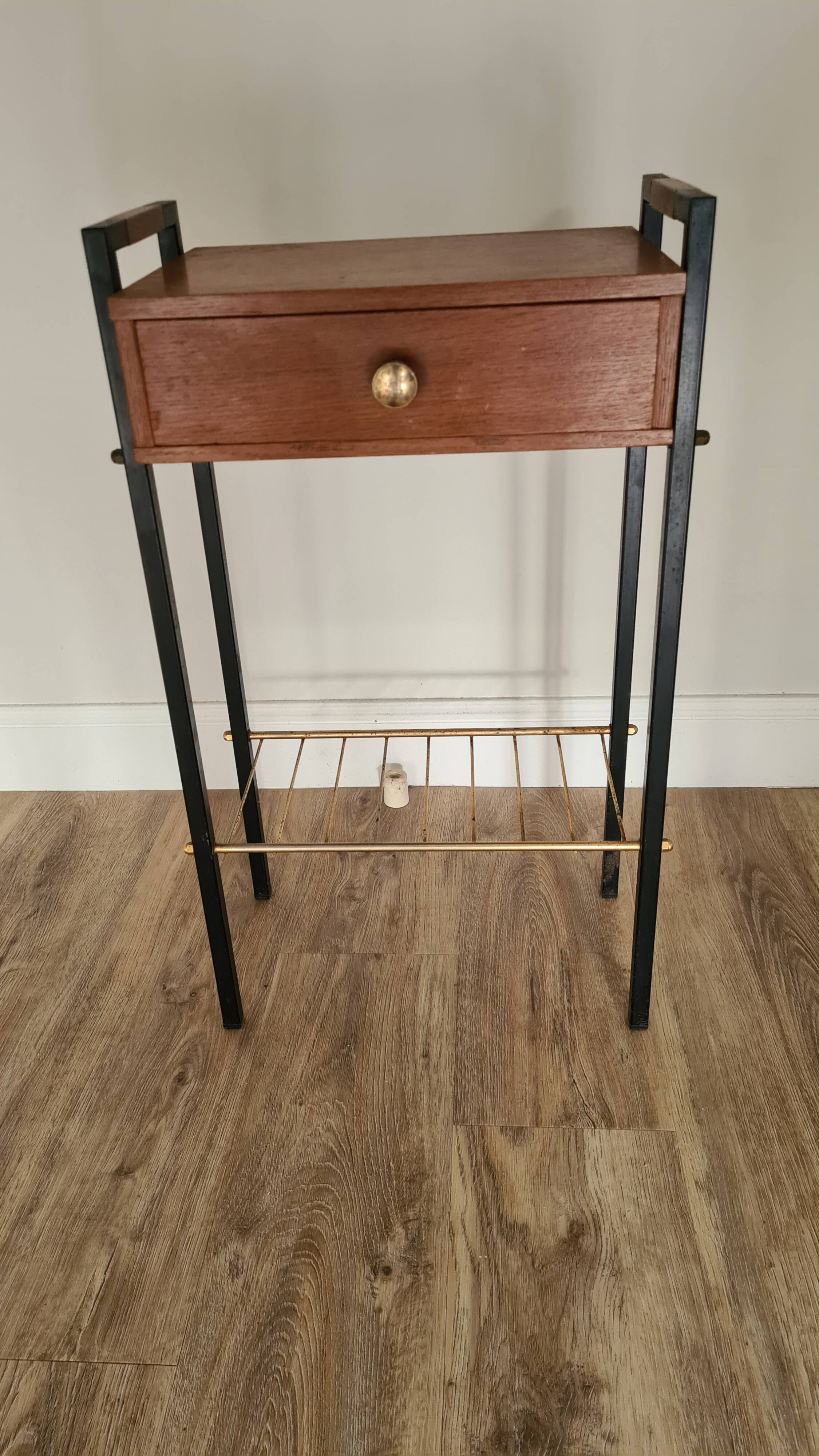 Pierre Guariche style bedside table, wood and metal, vintage, 60s