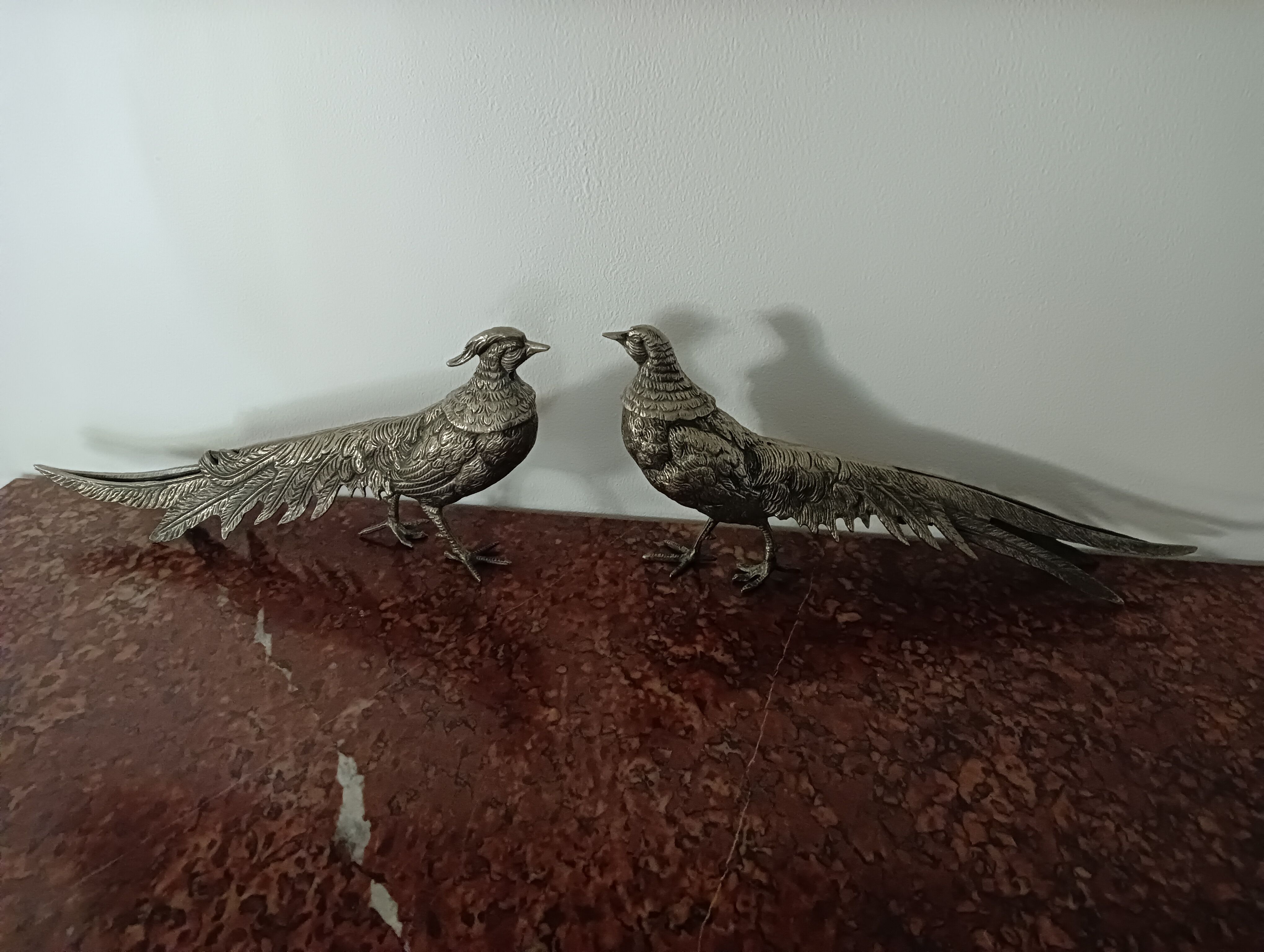 Pair of pheasants in silver metal, 1970