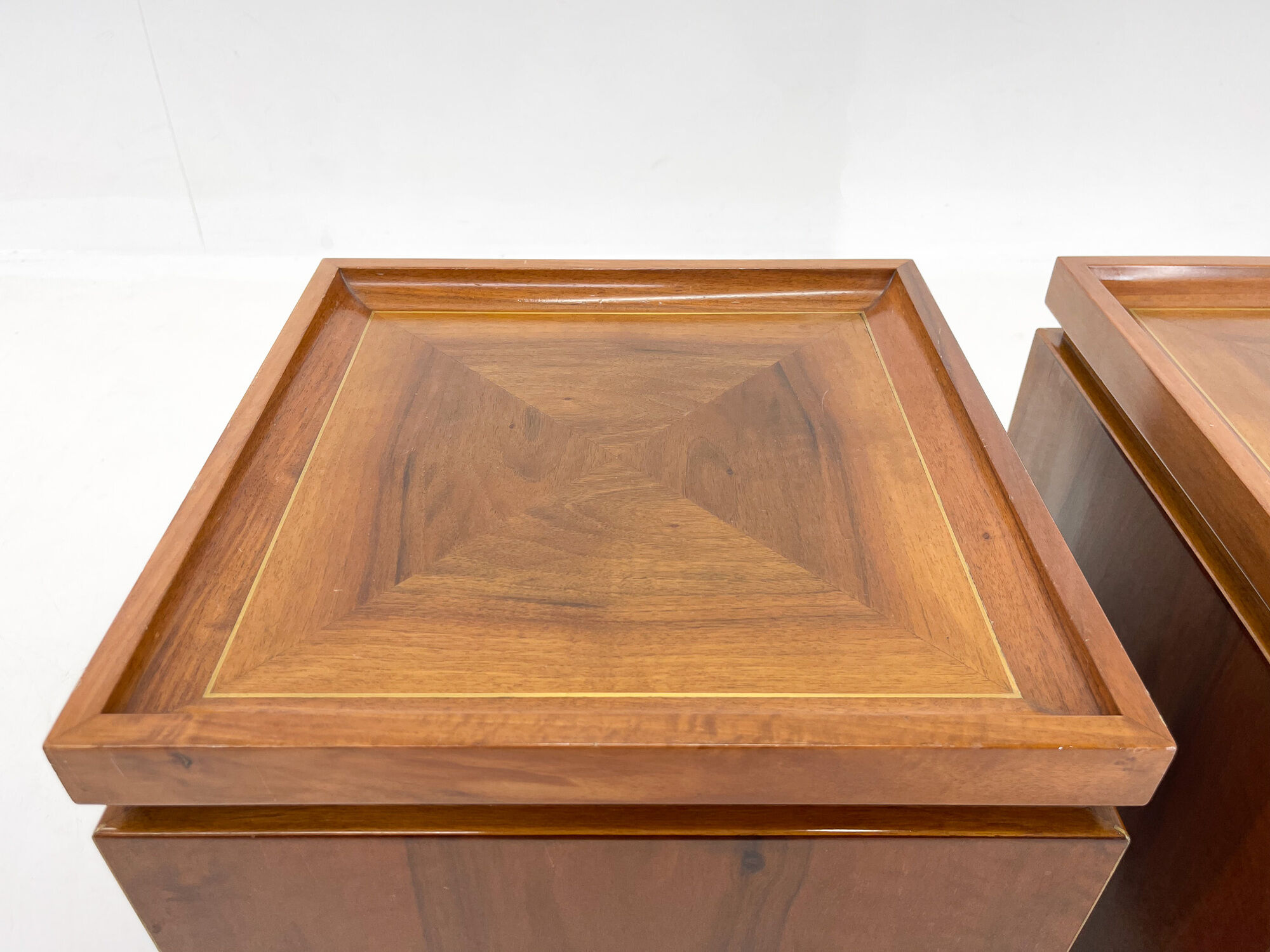 Set of walnut veneer side or night tables with brass detail, Italy 1950s