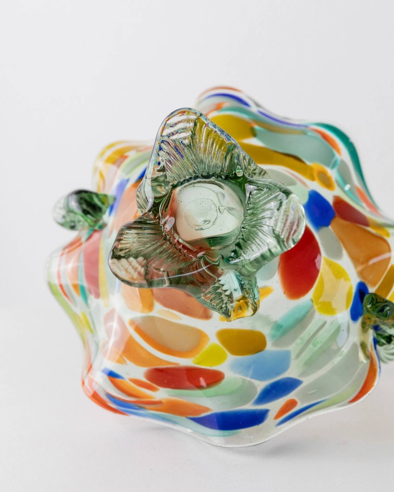 Multicolor Murano Glass Handle Bowl with Polka Dots, Ruffled Rim – 1970s Italian Mid-Century