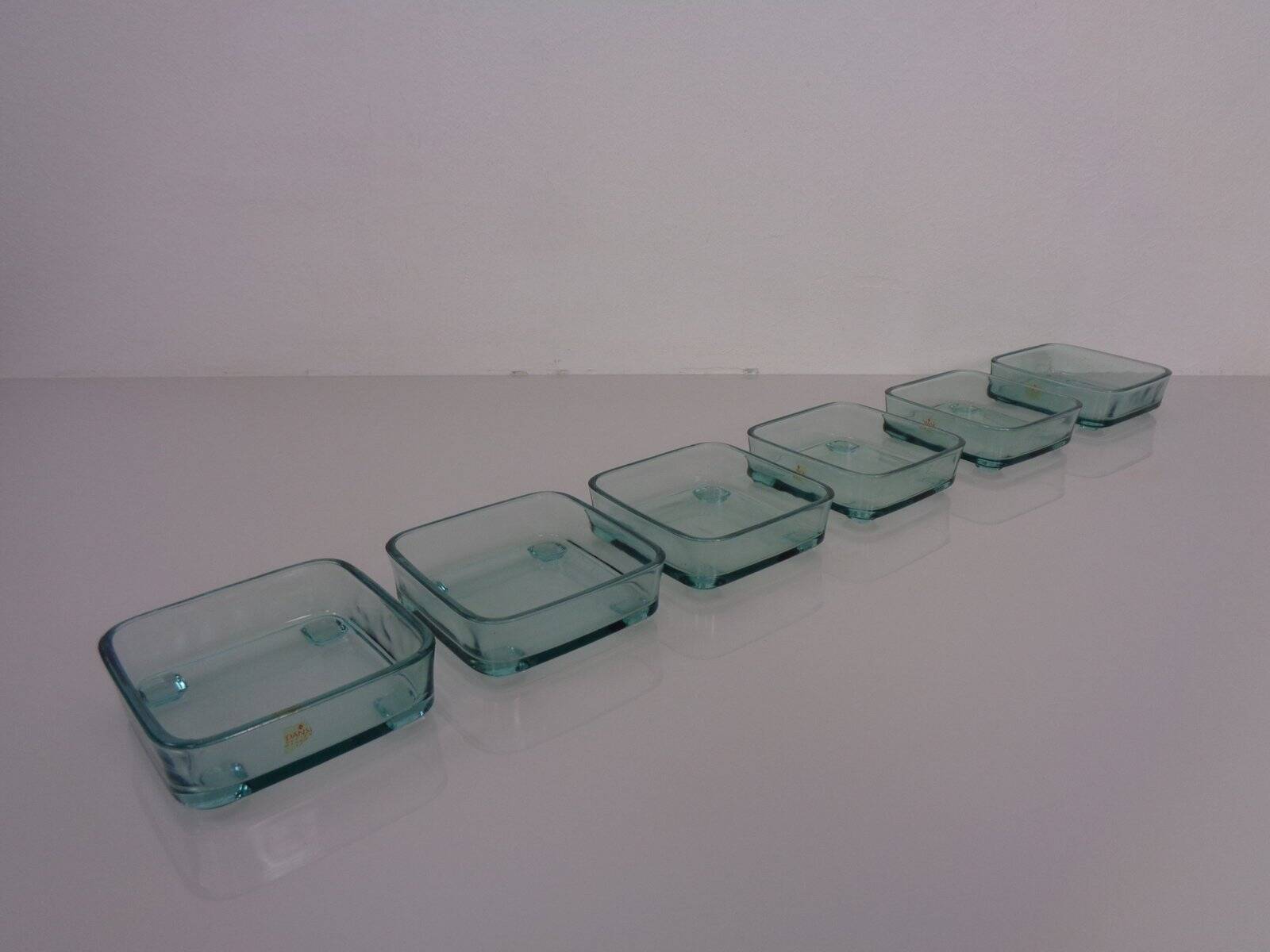 Teak tray with glass bowls by Jens Quistgaard for IHQ Dansk Designs, 1960s, set of 7.