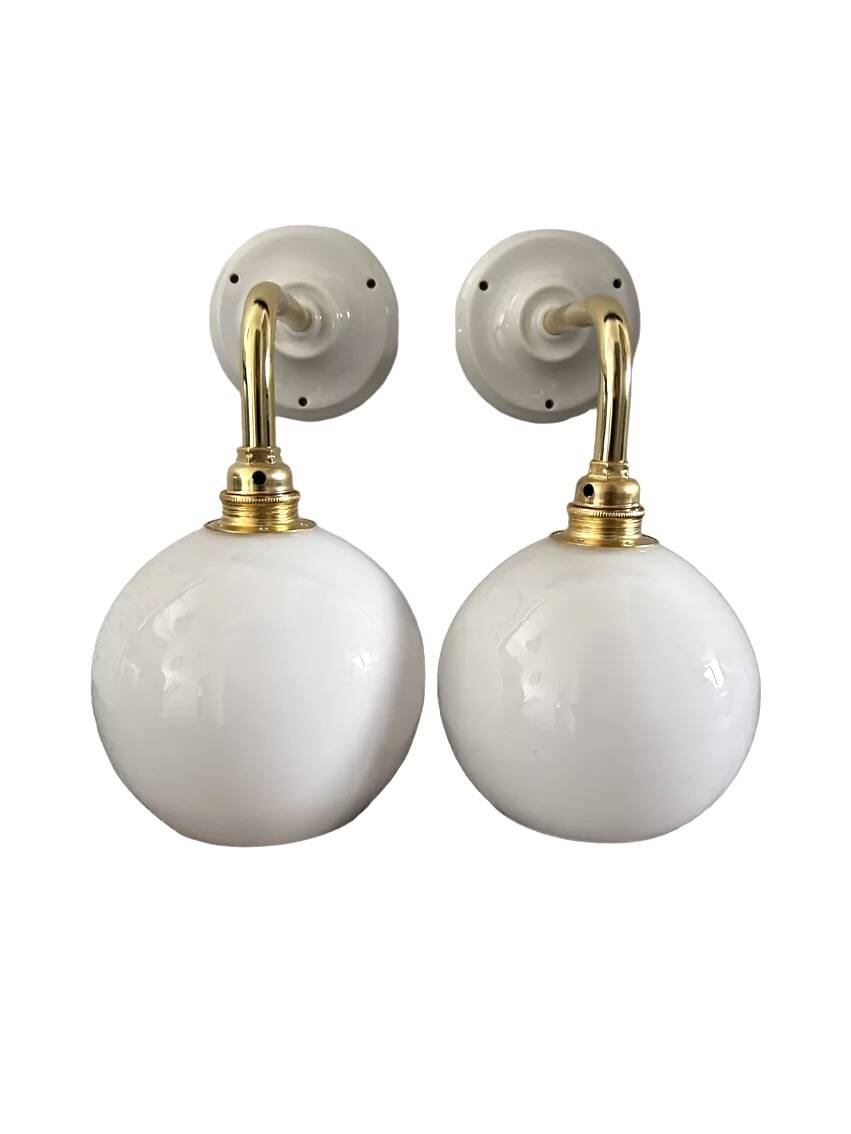 Pair of vintage white opaline wall lights