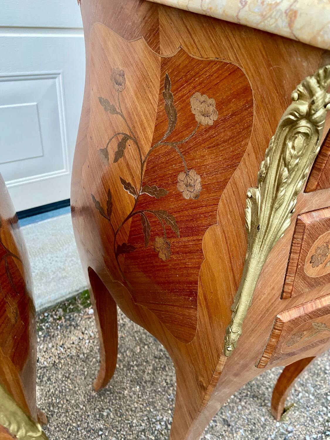 Pair of Louis XV style bedside tables with rosewood marquetry