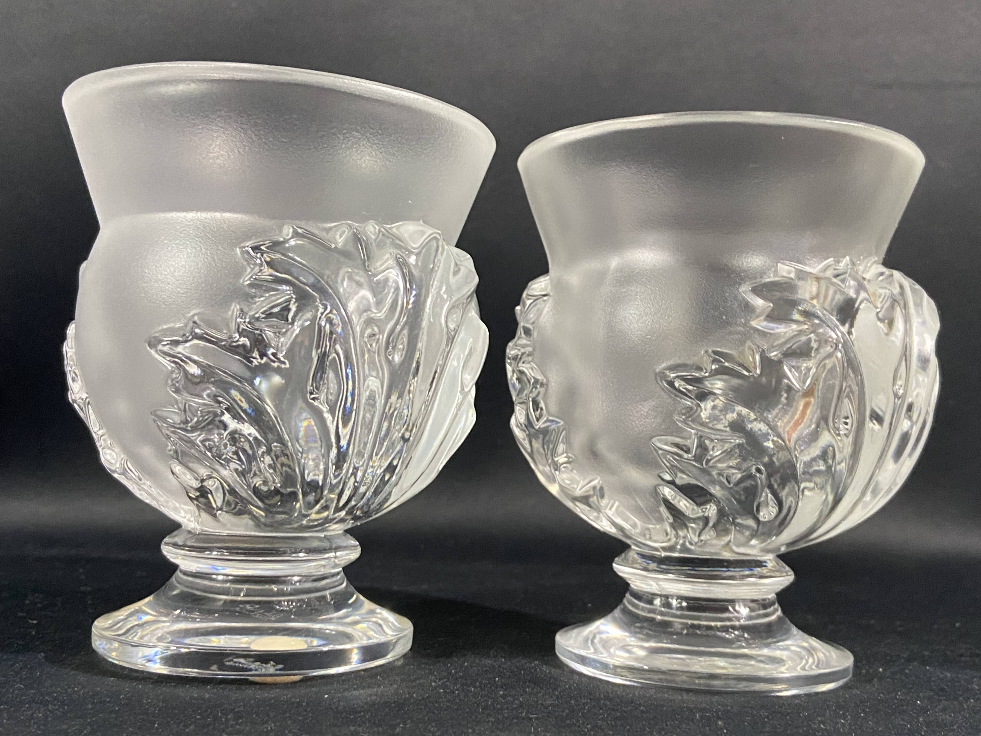 Vase on pedestal with foliage decoration signed lalique saint-cloud, possible pair