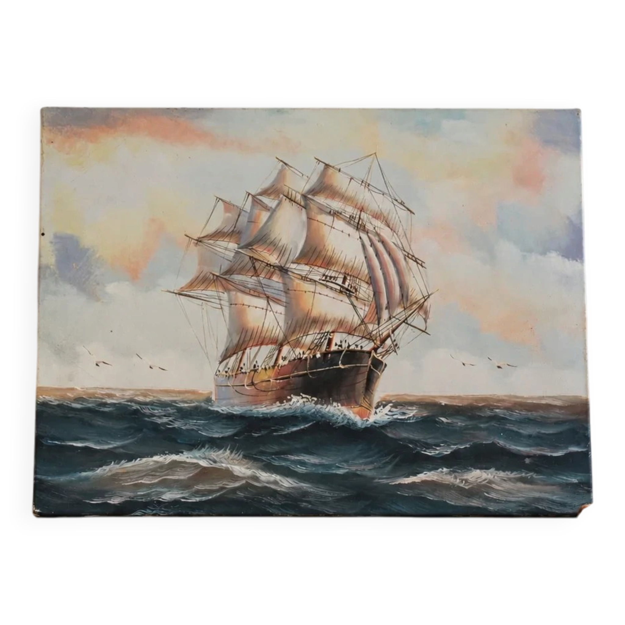 Marine painting on canvas – Large sailing ship at sea – 40 × 30 cm