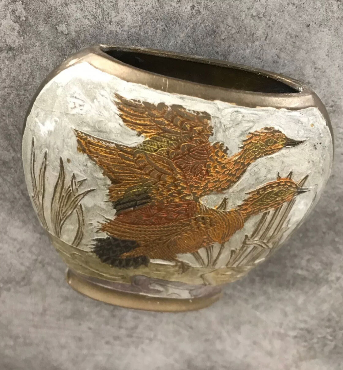 Vintage vase in enamelled brass decoration of duck flight 10.5 cm
