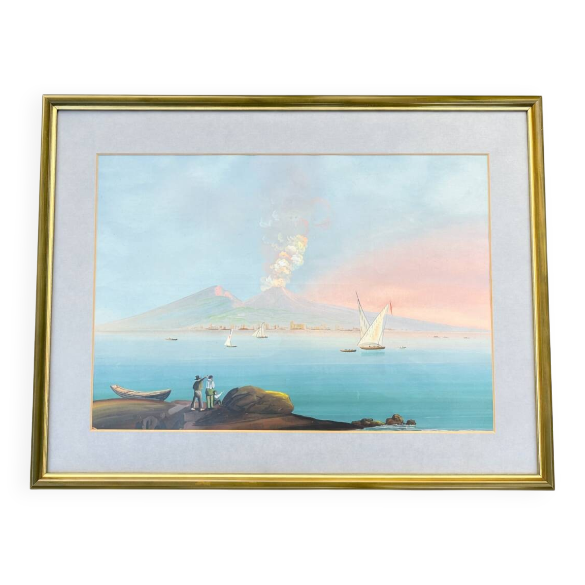 Superb old gouache depicting a classic and lively view of the bay.