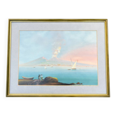 Gouache ancienne représentant une vue classique et animée de la bai