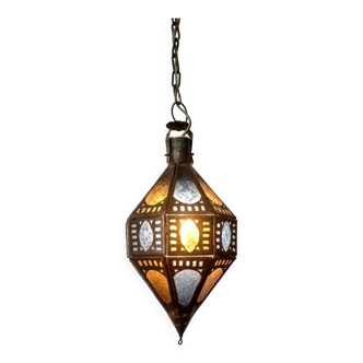 Moroccan lantern pendant in brass, colored windows