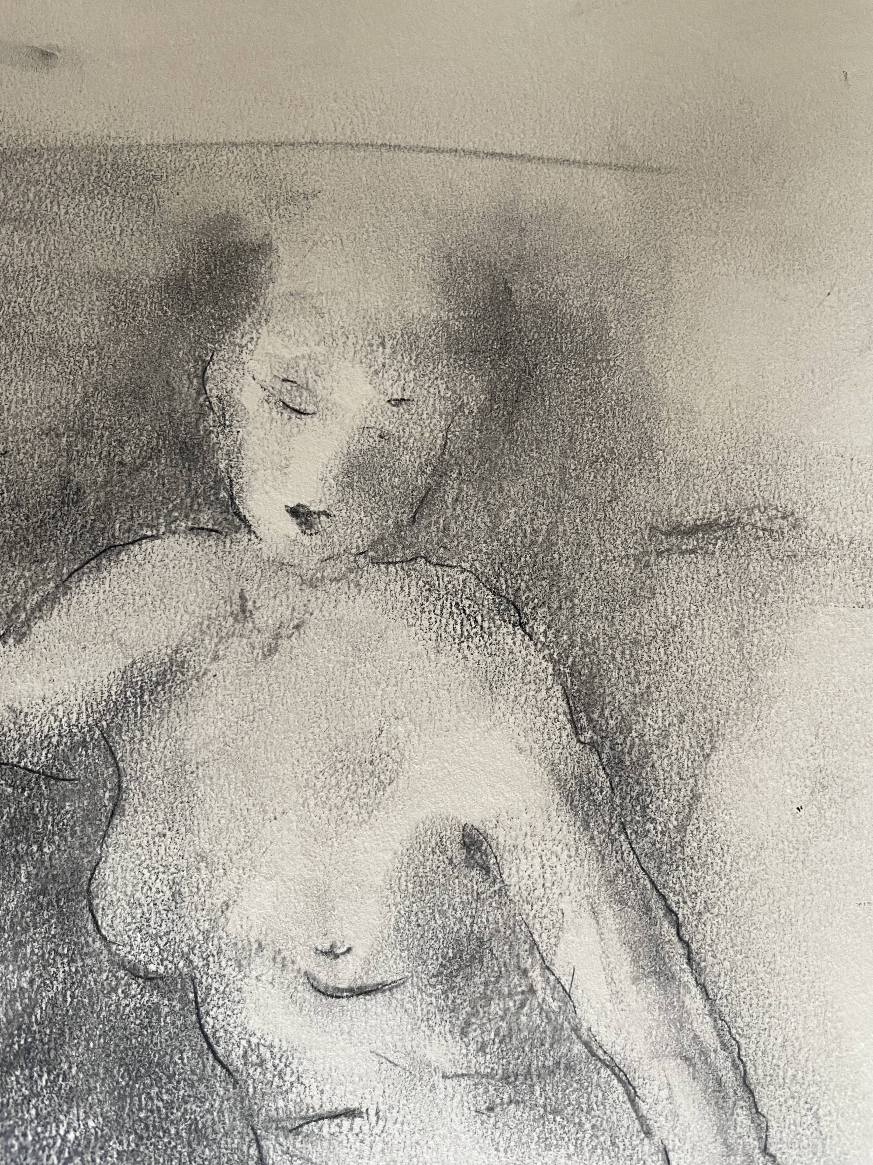 Signed female nude charcoal painting