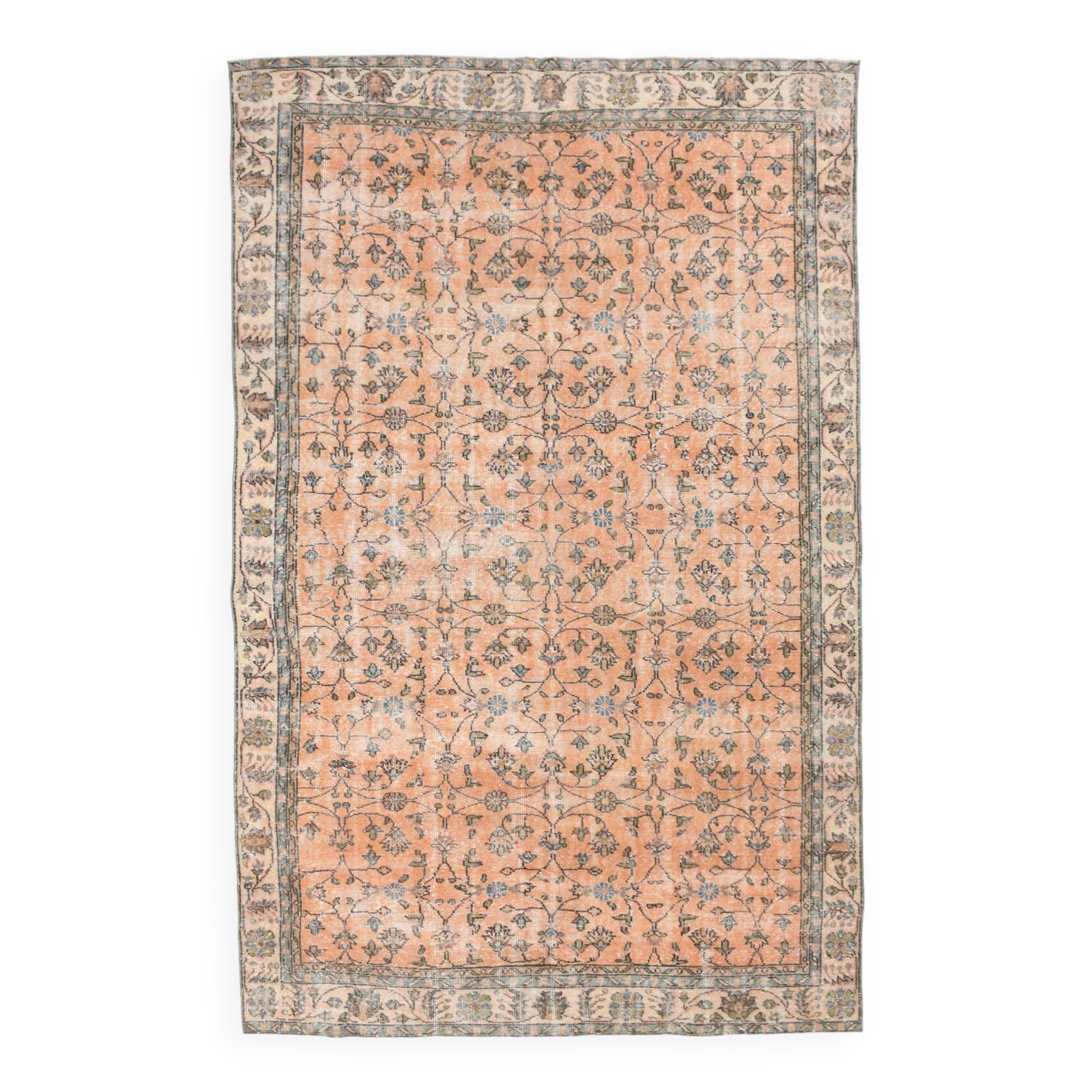 7x10 Soft Pastel Orange Handmade Floral Turkish Vintage Rug