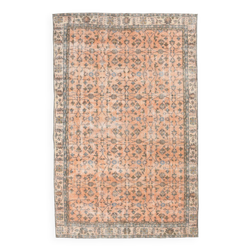 Tapis vintage turc floral fait à la main, orange pastel doux, 7x10
