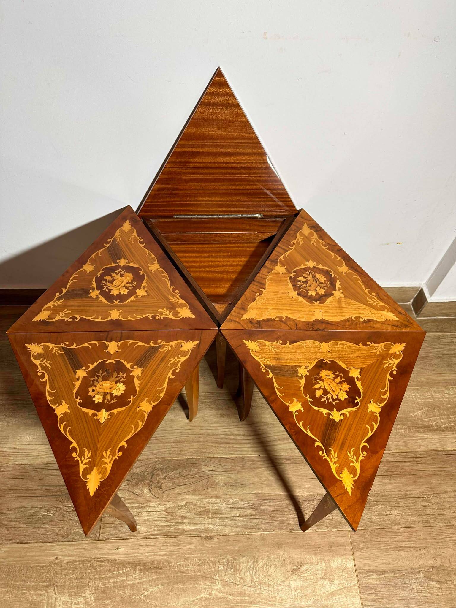 Italian Marquetry Five Piece Triangle Table