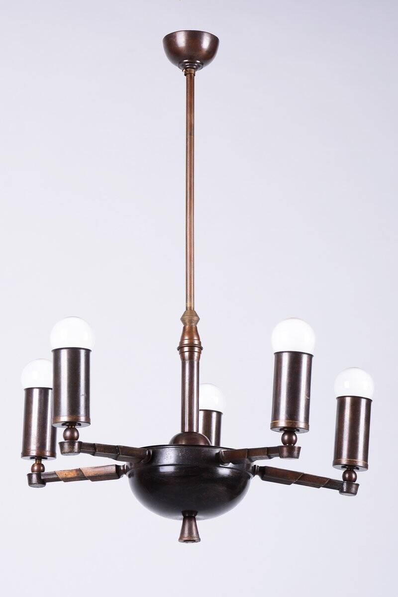 Cubist Chandelier in Brass and Bronze, Czech, 1910s