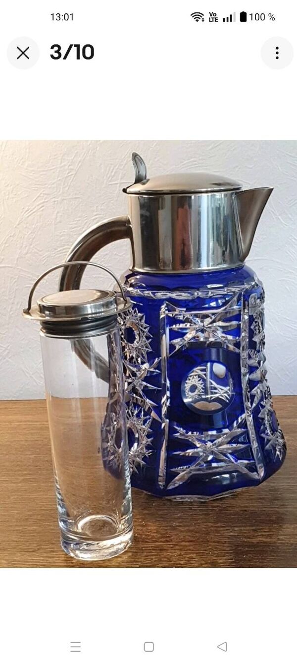 Superbe broc à orangeade en cristal de bohème/taillé bleu cobalt