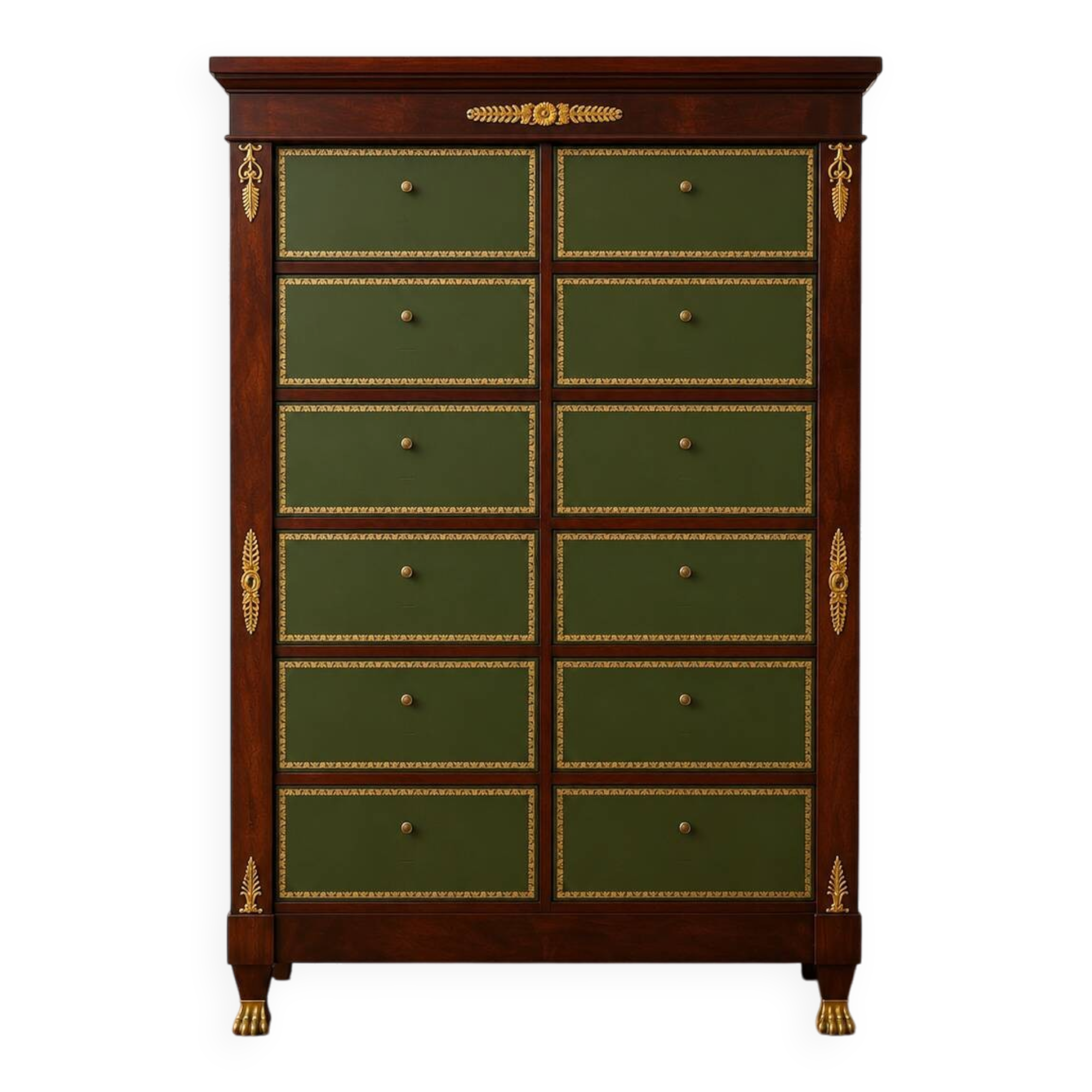 Empire-style mahogany cabinet – 12 drawers lined with green leather –
