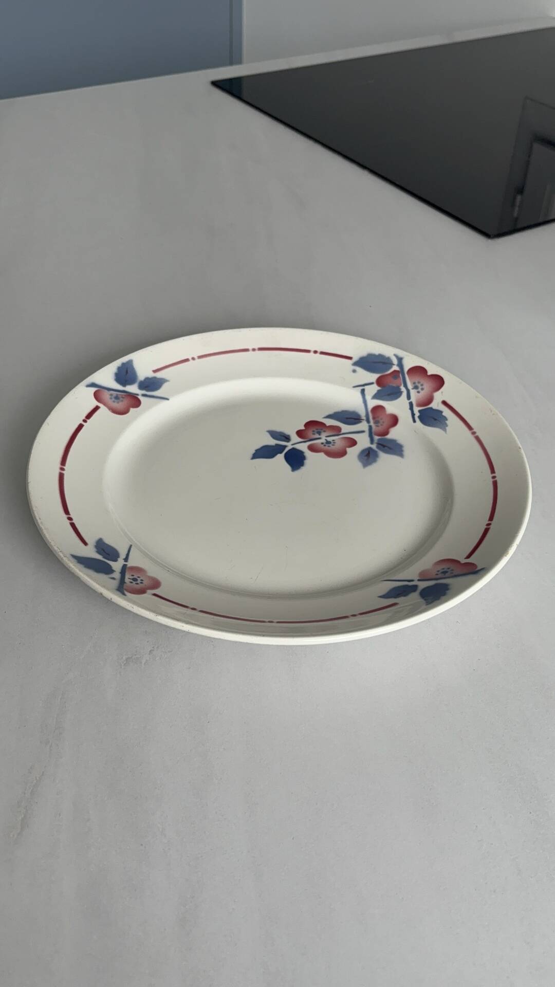 Round plate from the Céranord Saint-Amand service • Red and blue floral decoration