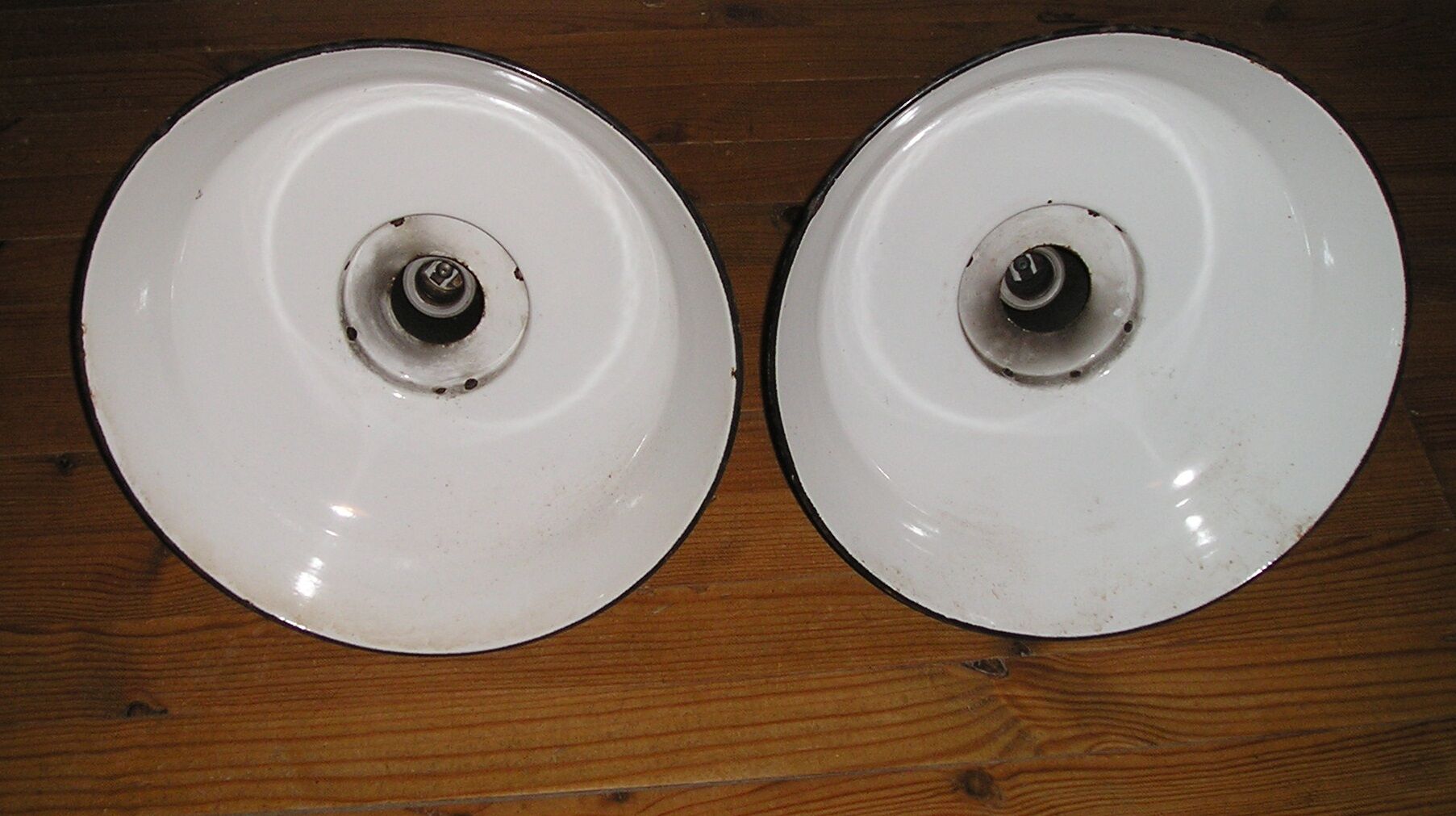 Pair of enameled sheet metal pendants