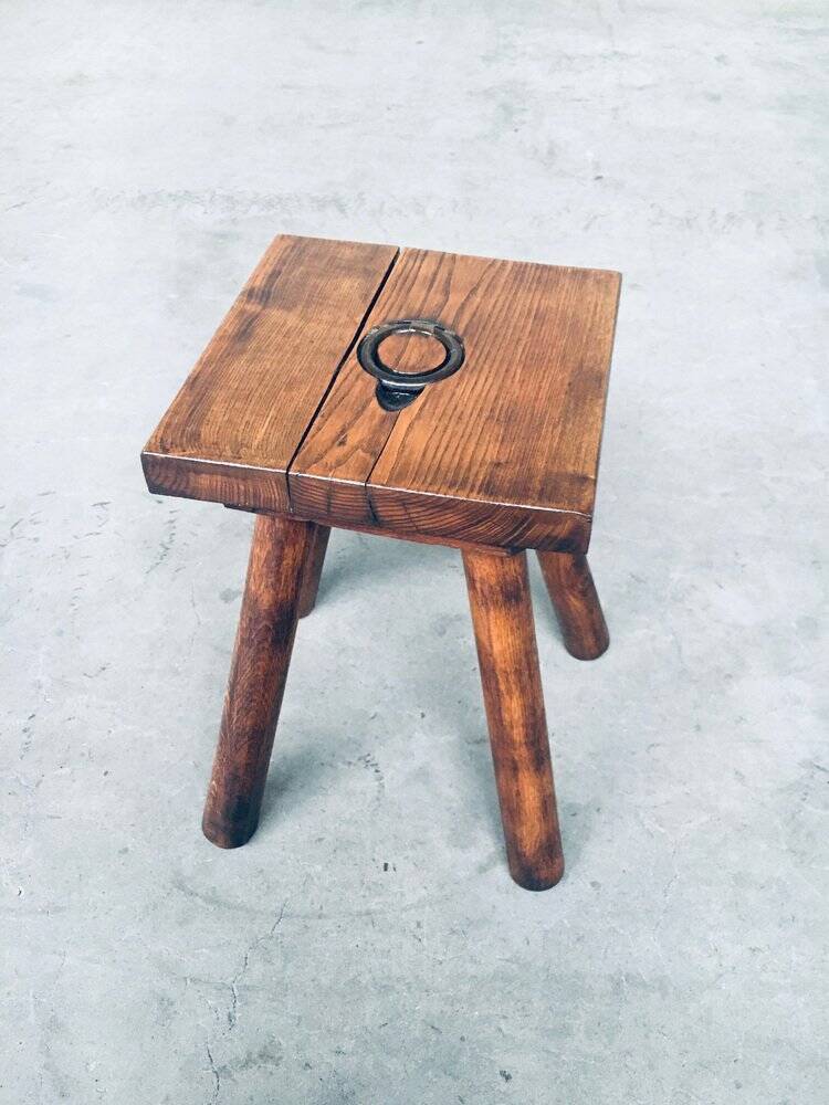 Brutalist Oak Stool, Belgium, 1950s