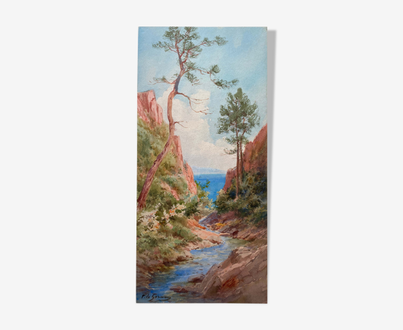 Tableau Aquarelle Orientaliste (ou Corse) Marine Pins signée P. de Garavan