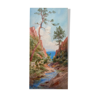Painting Watercolor Orientalist (or Corsica) Marine Pins signed P. de Garavan