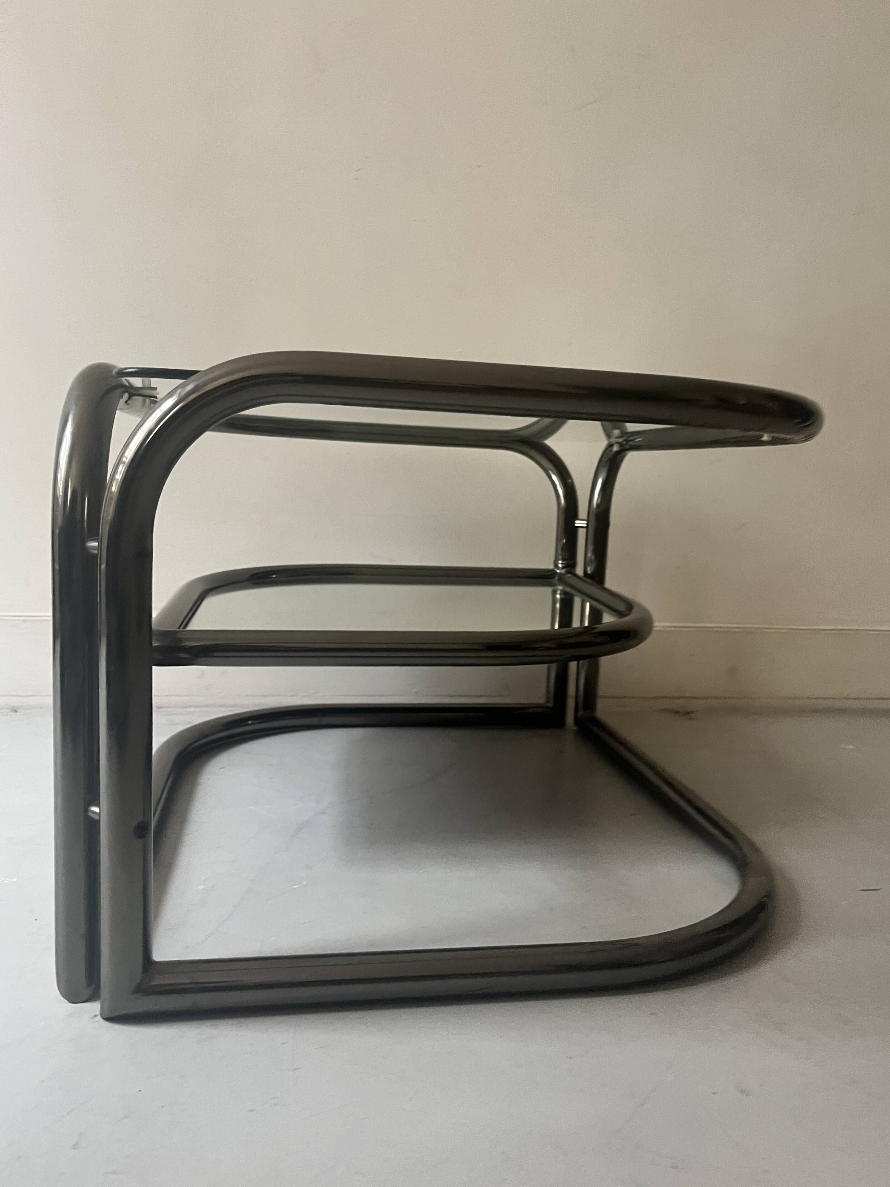 rotating coffee table drop in tubular chrome metal, glass and mirror, design 1970