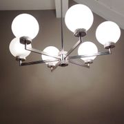 Six-light chrome metal chandelier and opaque glass globes / vintage 60s and 70s