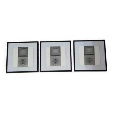 Vintage Optical Art Triptych - Victor Vasarely - 3 Frames 40x40cm