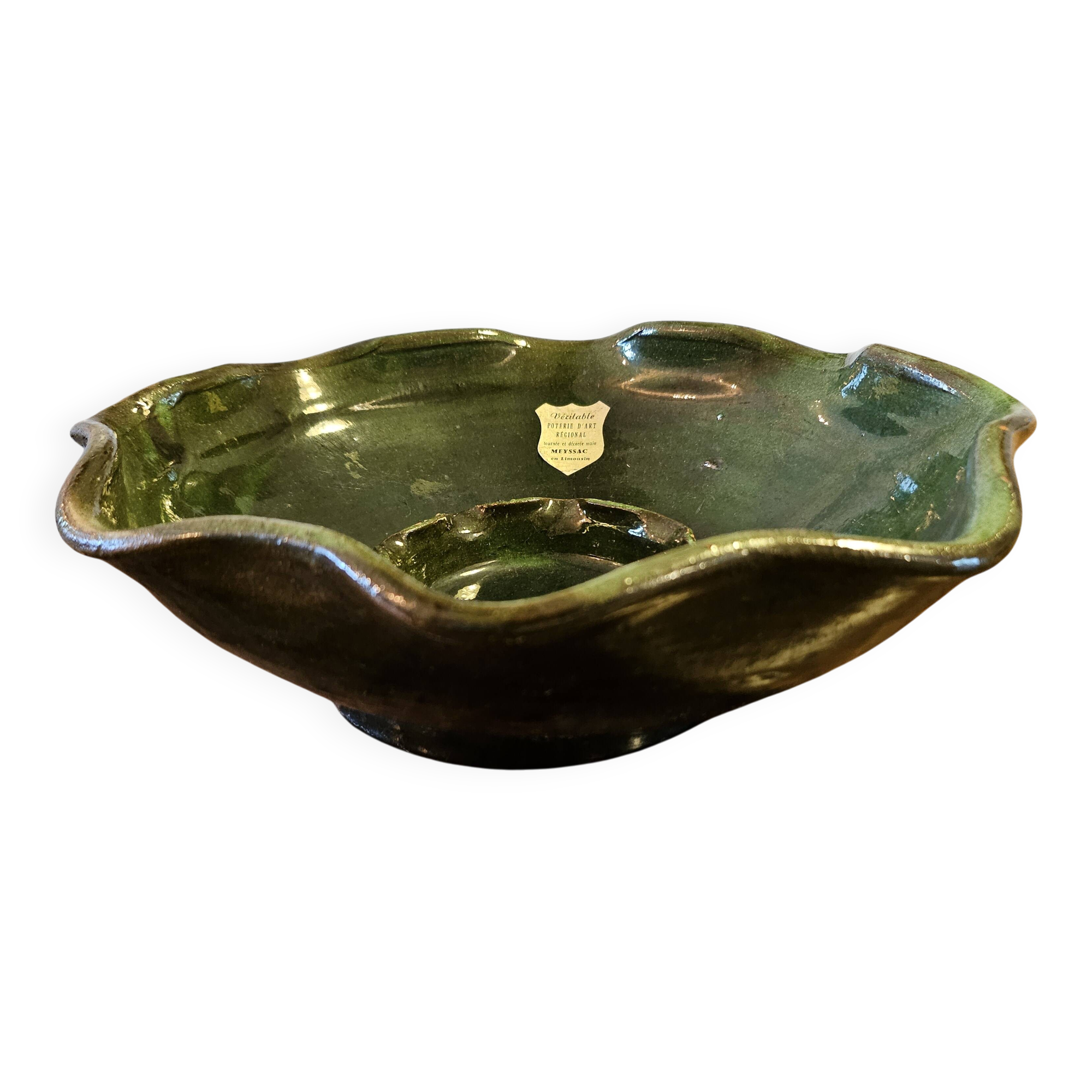 Green glazed terracotta poly-lobed bowl — Meyssac Art Pottery