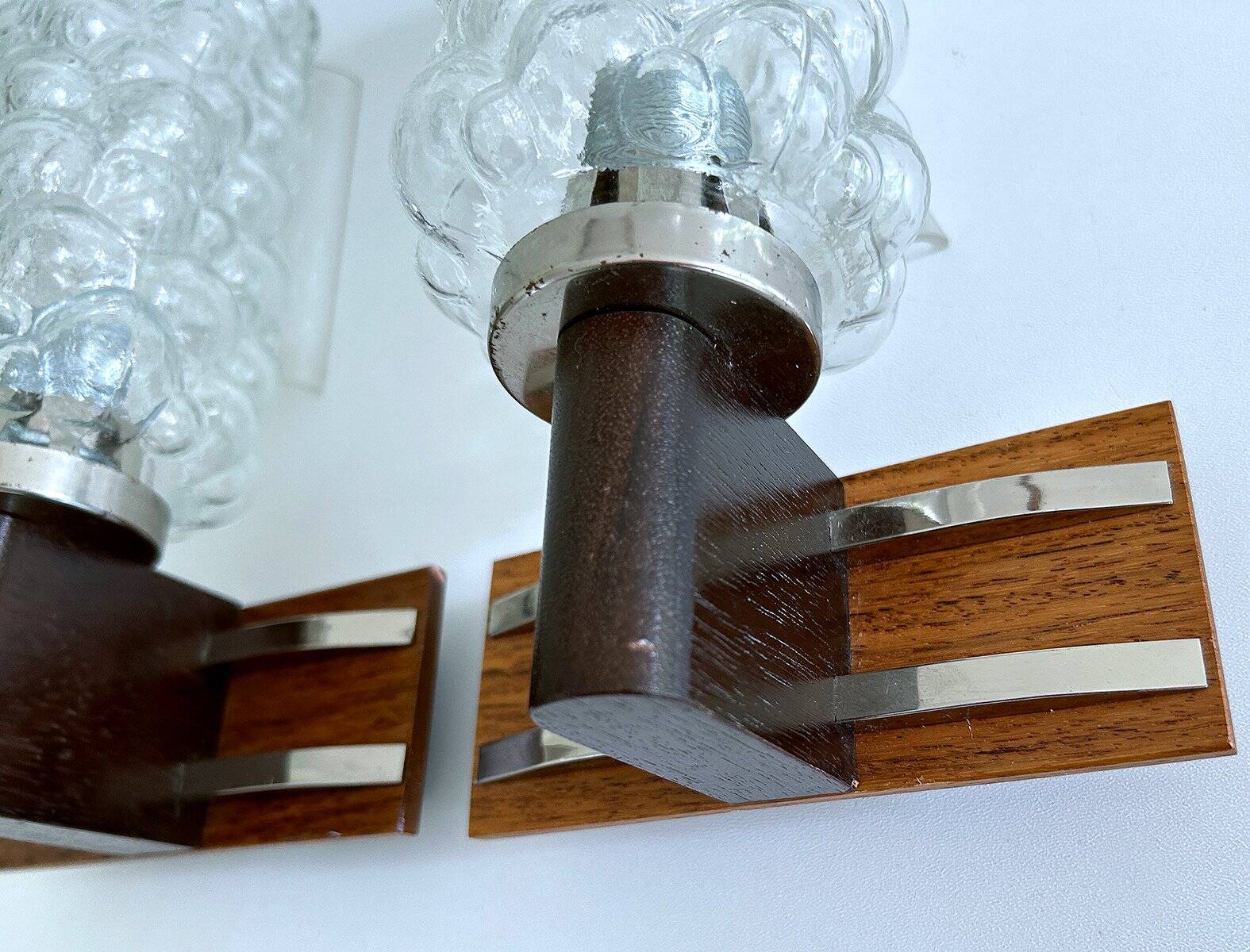 Pair Vintage Danish Bubble Blass Wood sconces