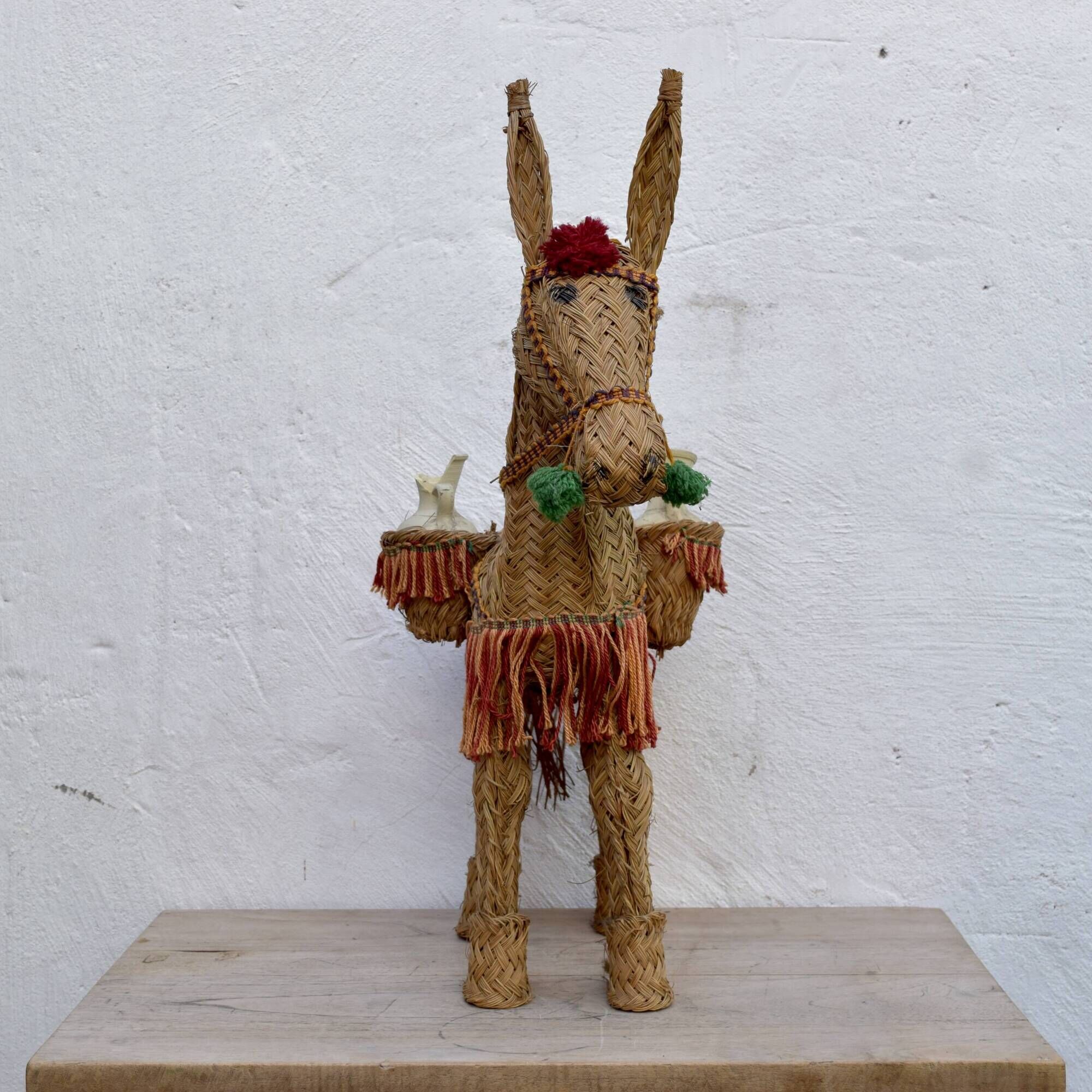Spanish decorative donkey in raffia carrying two jars - 62 cm high - 1950
