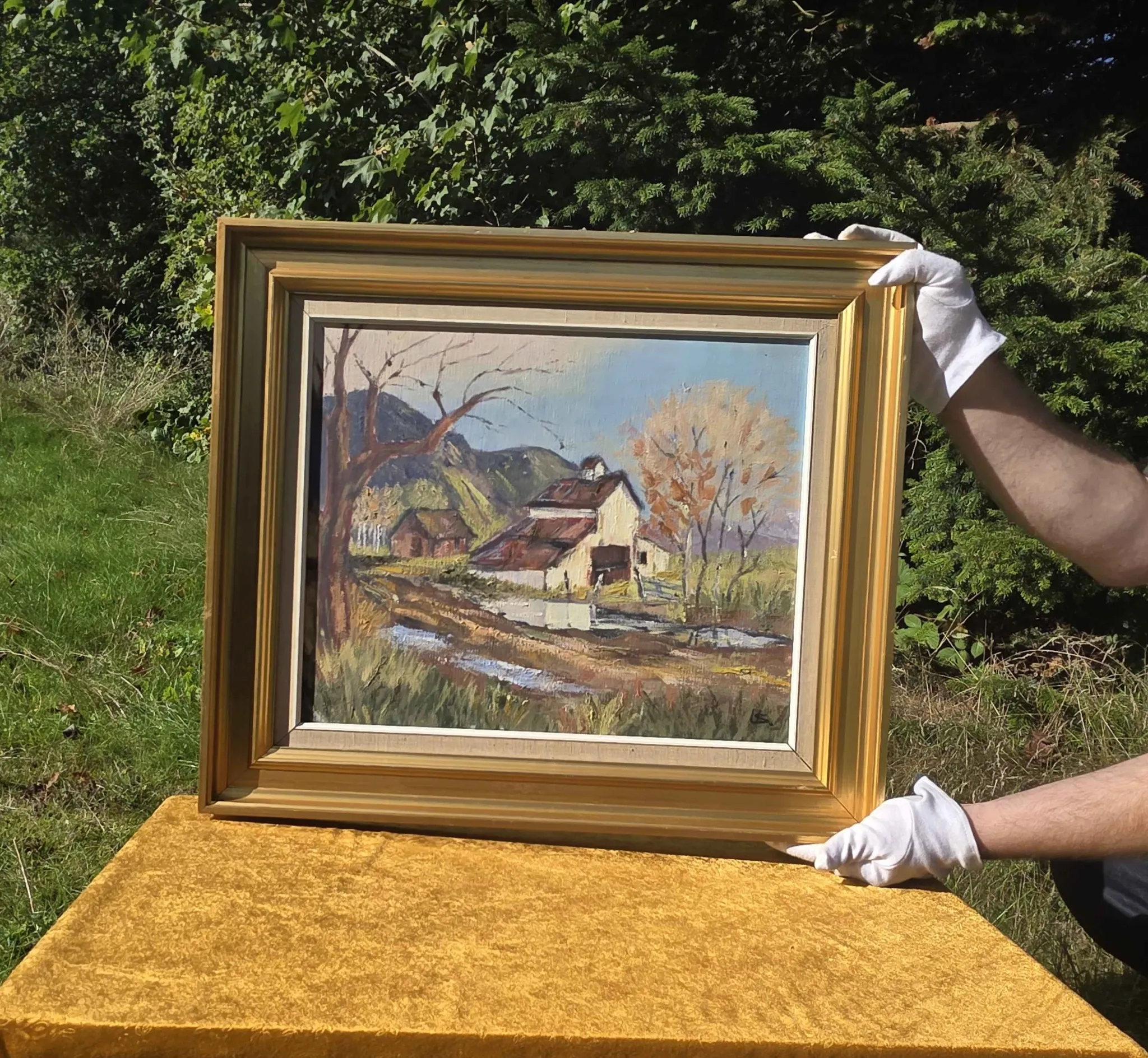 Vintage Oil Landscape Painting - Impasto Barn Scene