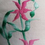 Hand embroidered sheet pink flowers green foliage