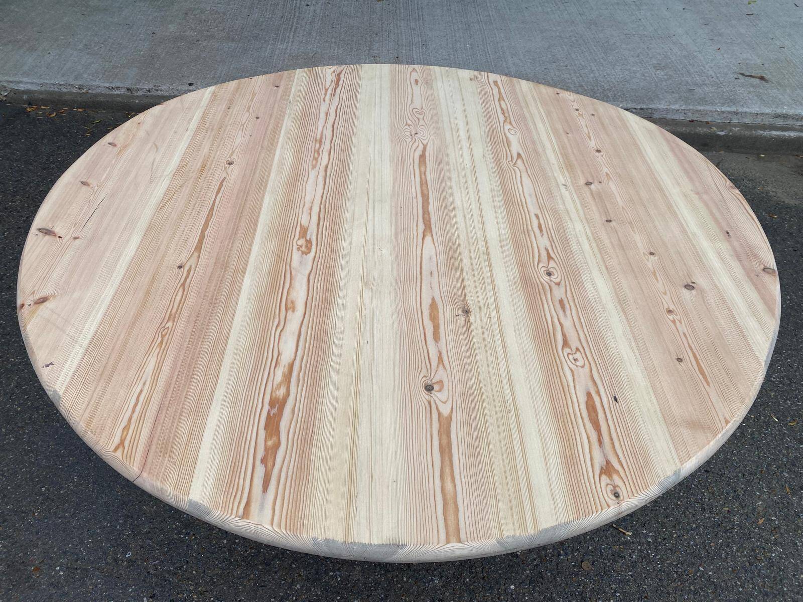 Scandinavian round dining table with a central base, stripped, made of solid raw wood, 90.