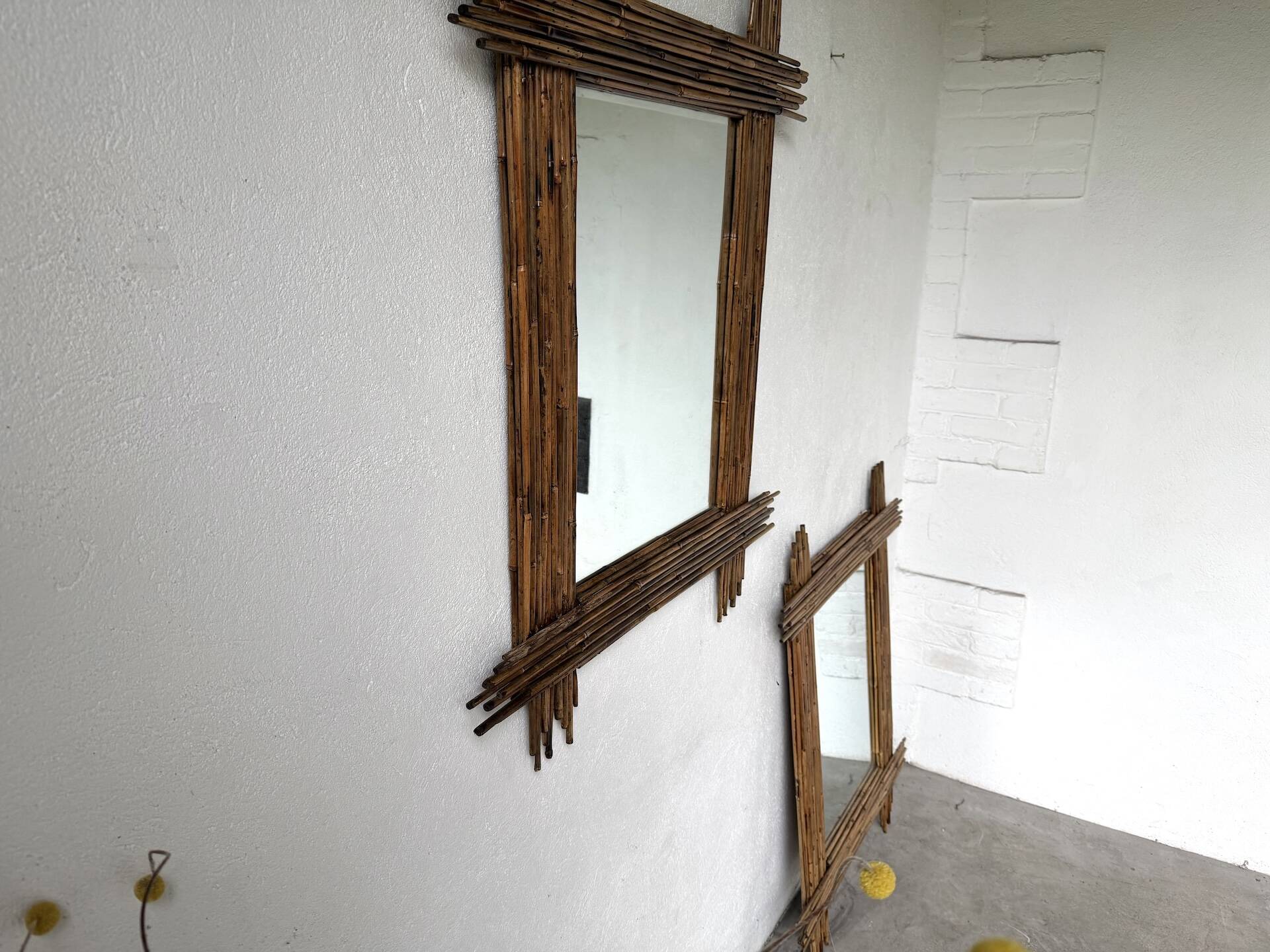 Pair of large vintage bamboo mirrors, 1970s