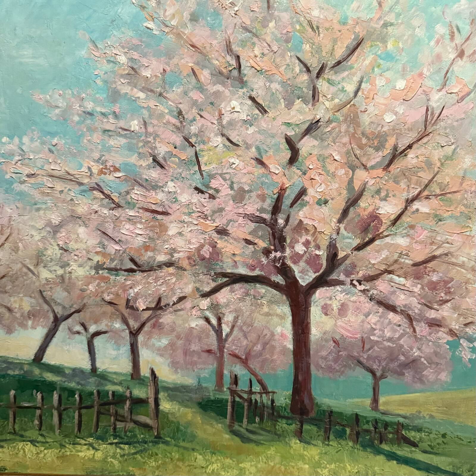 Oil on canvas trees in bloom 20th century by J. Vuillet 1987