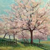 Oil on canvas trees in bloom 20th century by J. Vuillet 1987