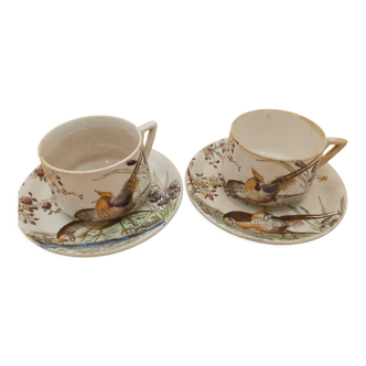 Set 2 coffee cups and saucers, porcelain signed Sarreguemines