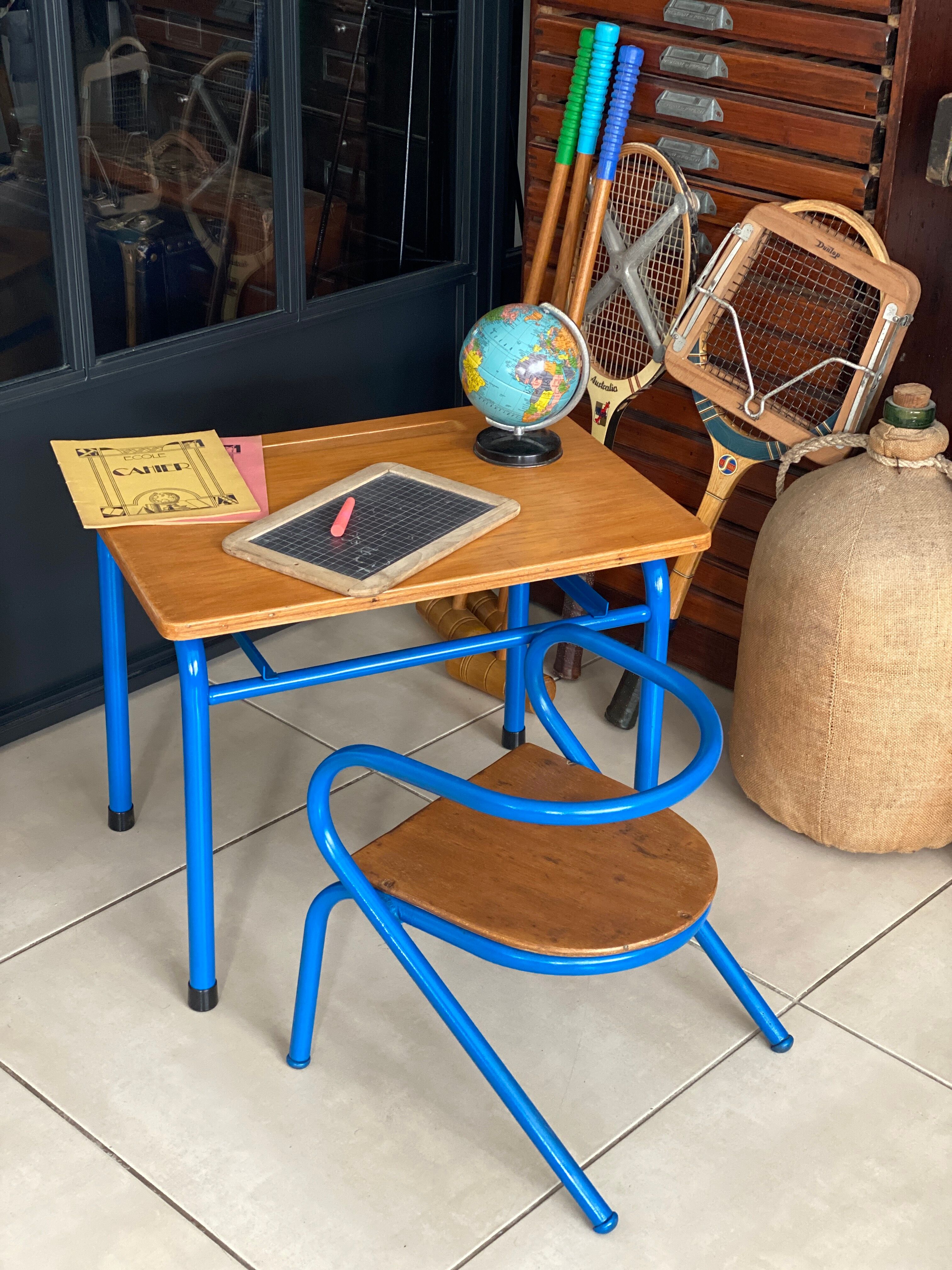 Blue desk and school chair set  design Jacques Hitier