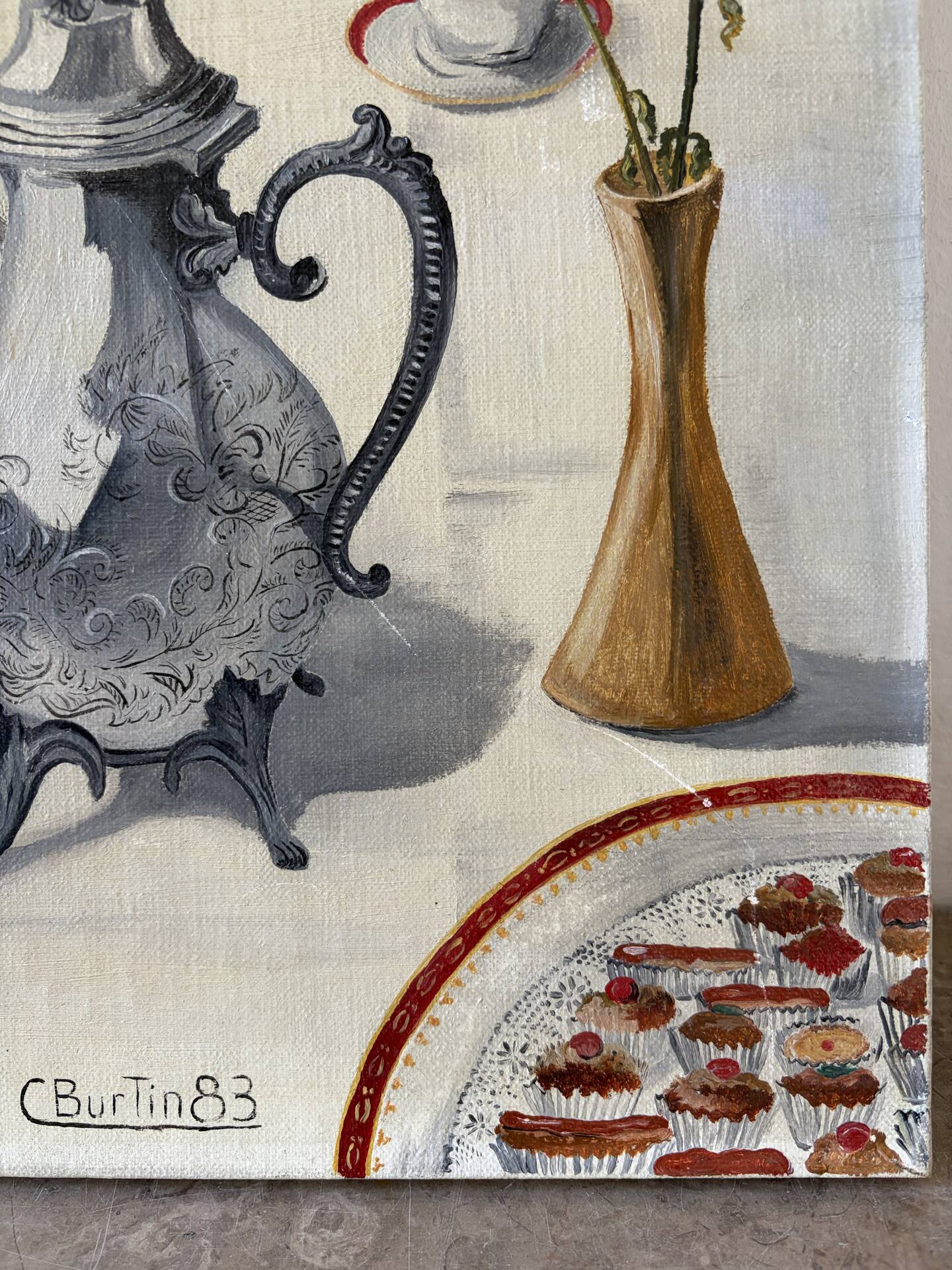 The silverware, still life, oil on canvas signed Burton 1983.