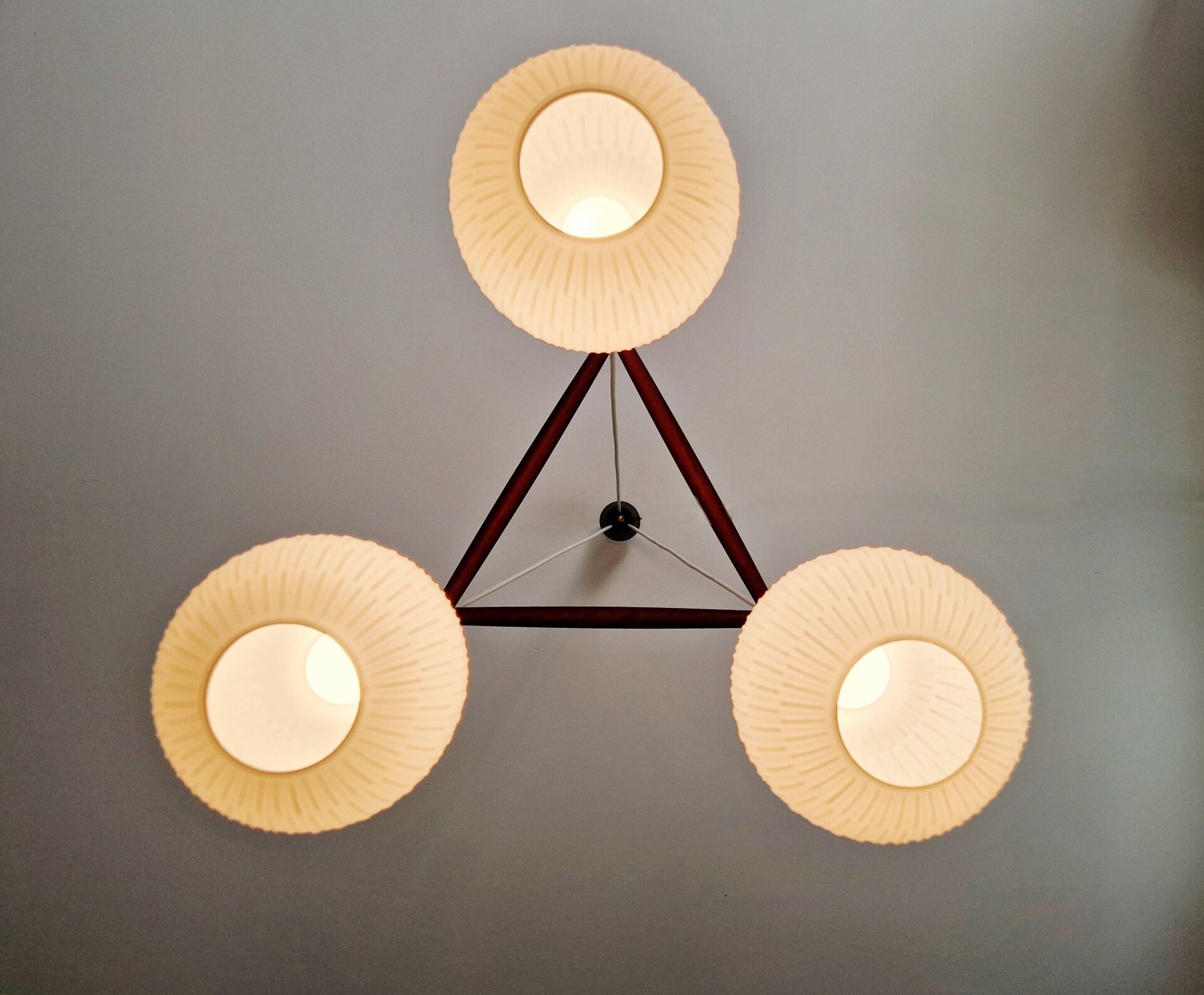 Scandinavian chandelier in teak and white opaline, 1960s