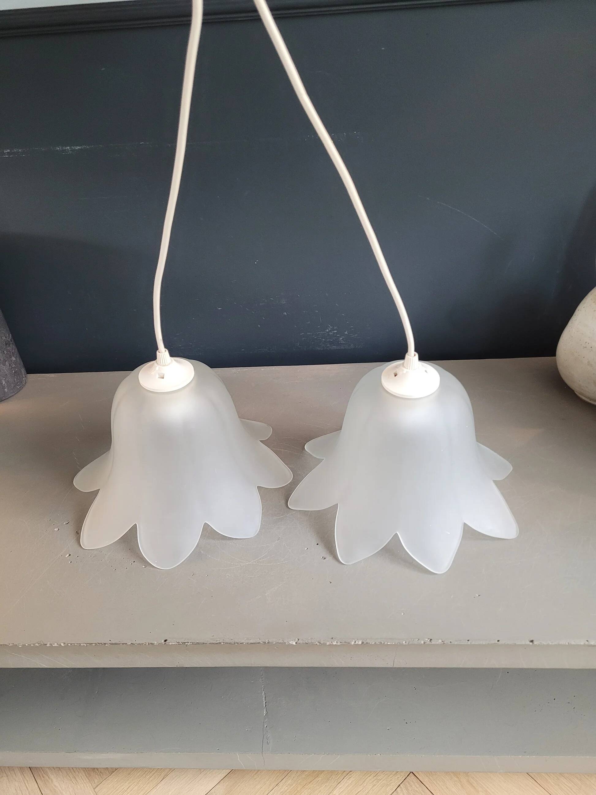 Pair of frosted glass flower pendant lights