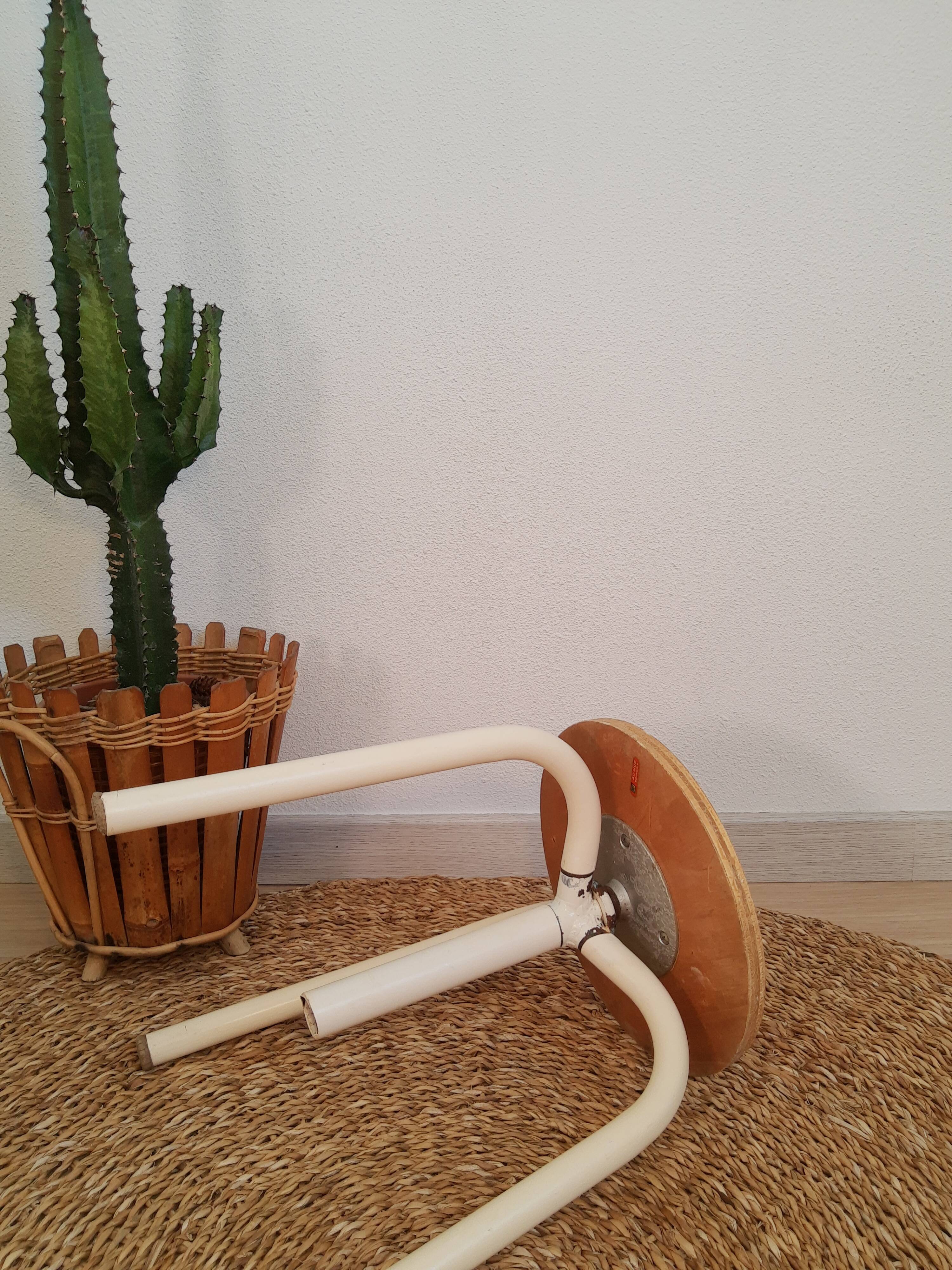 Wood & metal tripod workshop stool with industrial screws