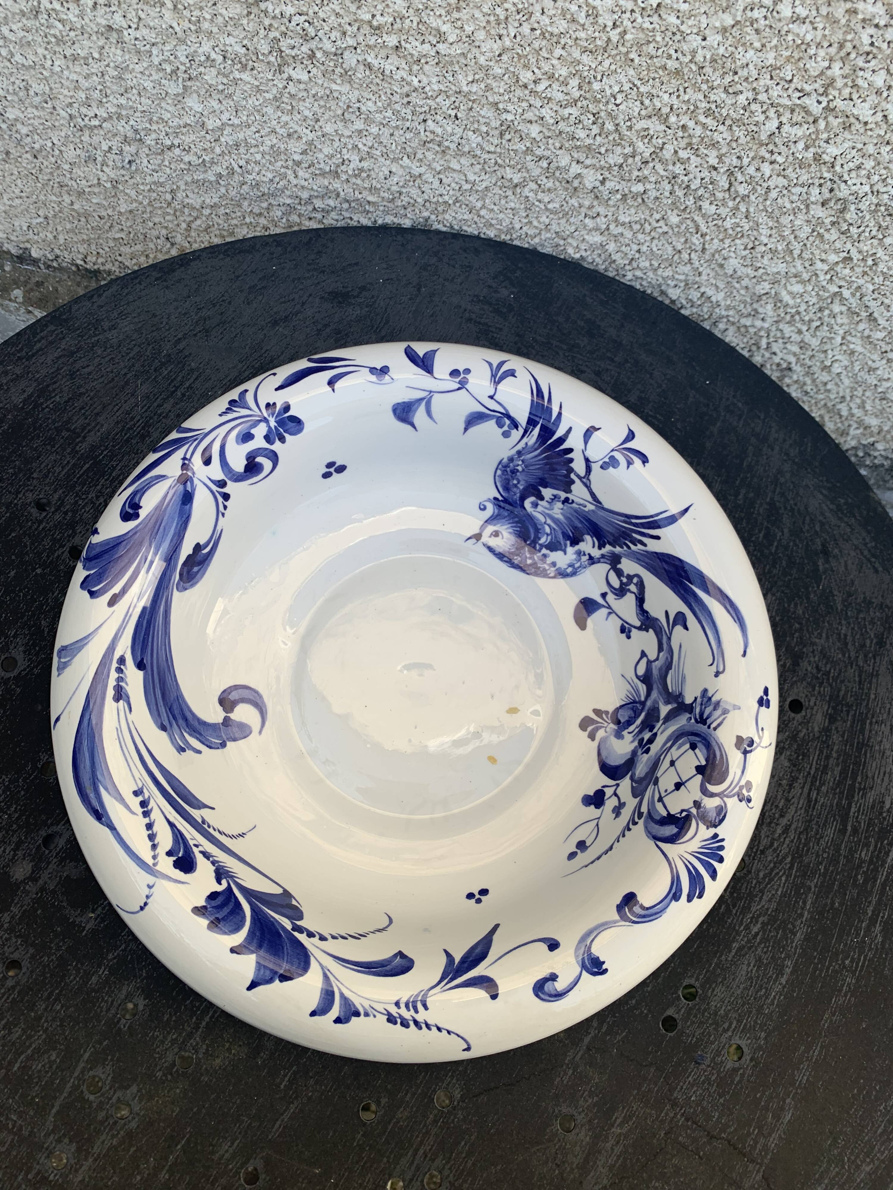 Hollow dish in enameled ceramic bird pattern hand painted Portugal numbered