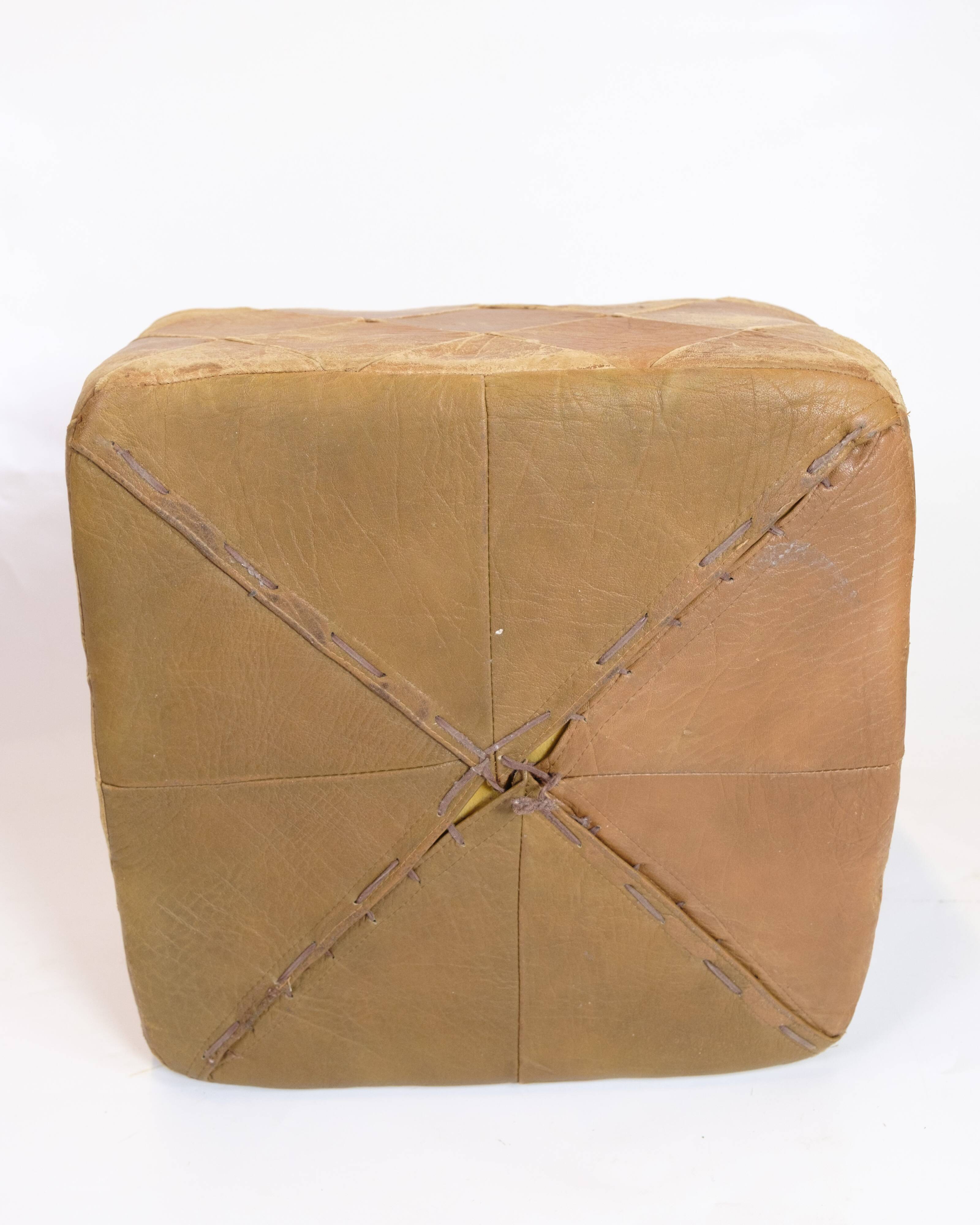 Vintage leather pouf - natural leather - natural patina - hand-sewn - square - 1970s