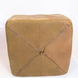 Vintage leather pouf - natural leather - natural patina - hand-sewn - square - 1970s