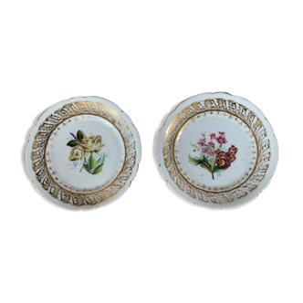 Paire d’assiettes en porcelaine peinte de fleurs milieu XXème siècle