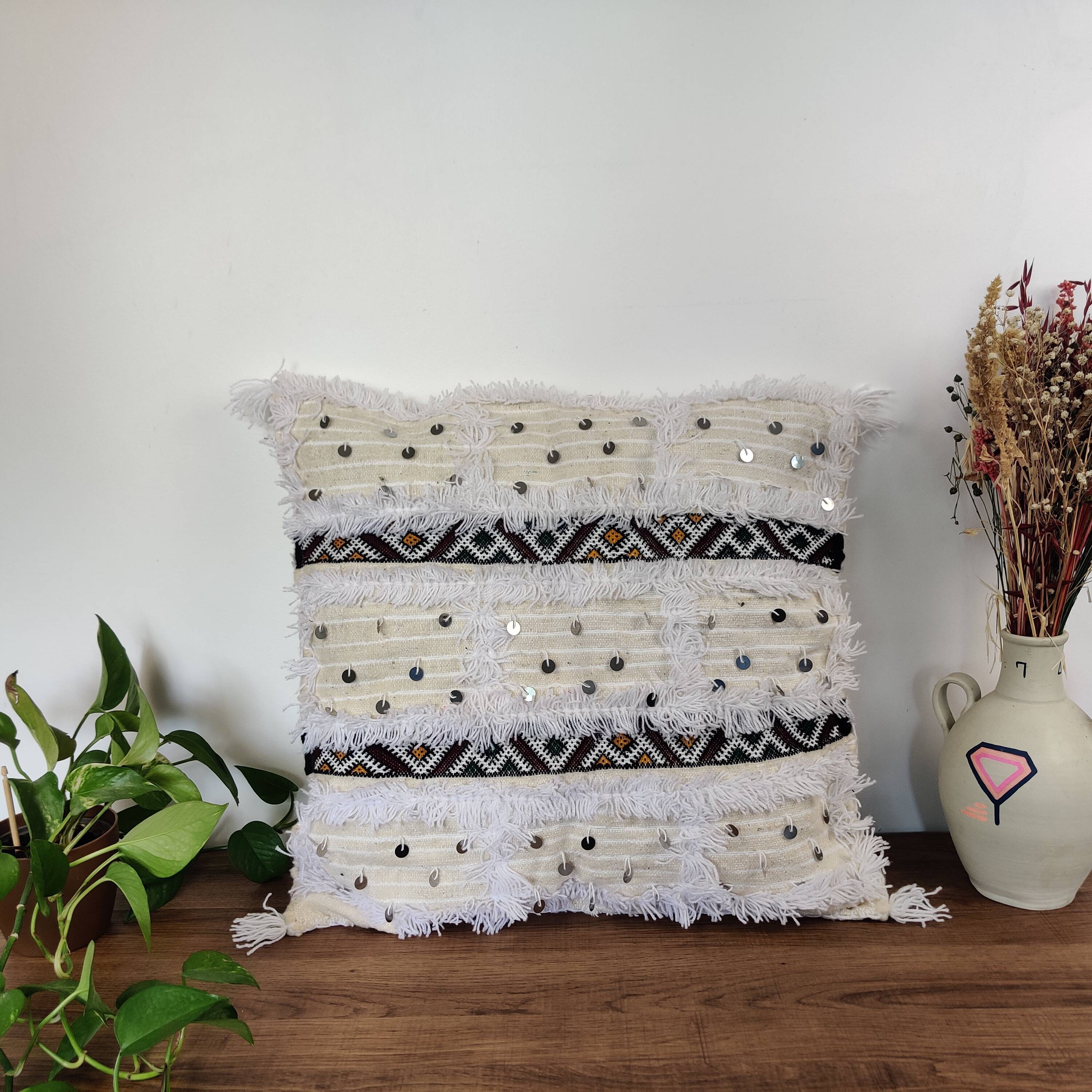 Moroccan white handira kilim cushion